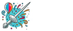 „Logo von Partyfechten: Ein Fechtdegen mit Ballon und Konfetti auf blauem Hintergrund, daneben der Schriftzug ‚Partyfechten‘ in weißer, verspielter Schrift.