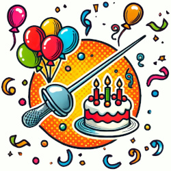 Illustration mit einem Fechtdegen, einer Geburtstagstorte mit Kerzen und bunten Luftballons – symbolisiert Geburtstagsfechten als fröhliches Sport-Event.