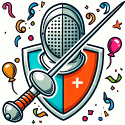 Illustration eines Fechthelms vor einem zweigeteilten Schild mit Kreuzsymbol, darüber ein Degen – umgeben von Luftballons, Konfetti und Luftschlangen. Symbolisiert Ritterfechten mit Spiel und Action.