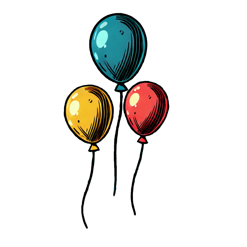 Illustration von drei schwebenden Luftballons in Blau, Gelb und Rot – symbolische Darstellung für Feier, Party oder fröhlichen Anlass.