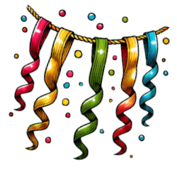 Illustration einer bunten Girlande mit herabhängenden, farbigen Bändern und Konfetti – symbolisiert festliche Partydekoration