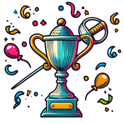 Illustration eines bunten Siegerpokals mit Fechtdegen, umgeben von Luftballons, Konfetti und Luftschlangen – symbolisiert Erfolg und Spaß beim Partyfechten.