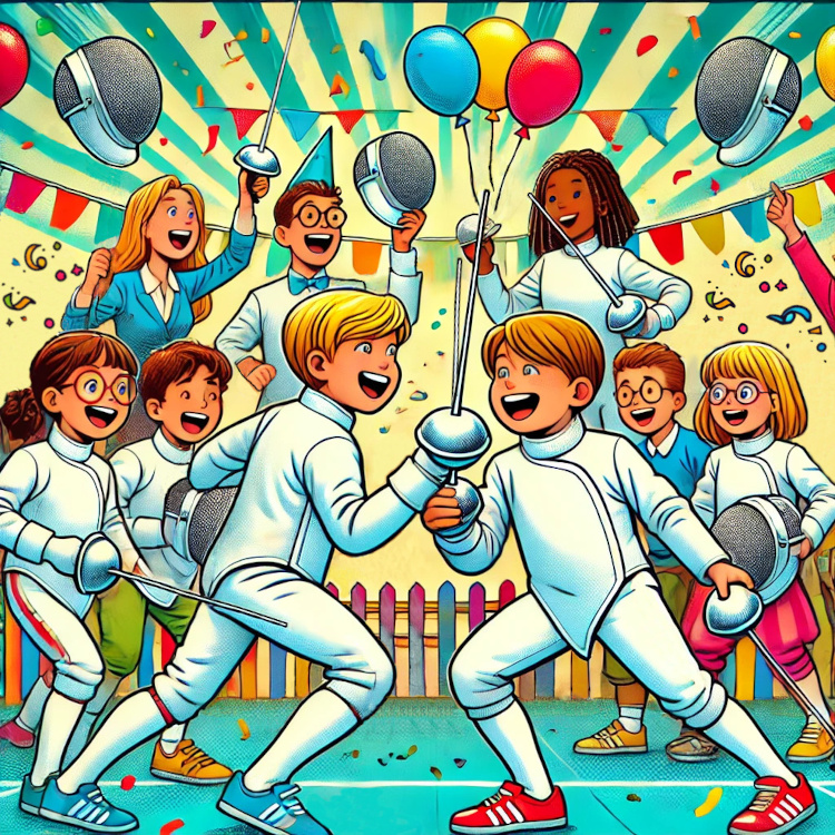 Illustration einer fröhlichen Kindergruppe beim Fechtspiel: Zwei Jungen in Fechtkleidung stehen sich lachend mit Degen gegenüber, umgeben von jubelnden Kindern und Erwachsenen in festlicher Umgebung mit Ballons, Helmen und bunten Wimpeln.