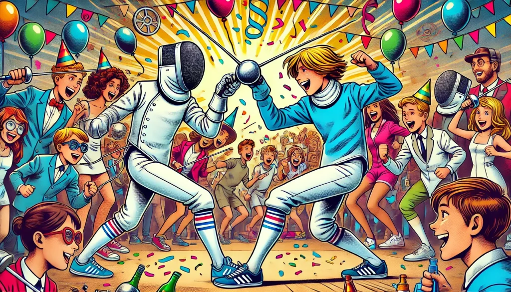 Comic-Illustration einer ausgelassenen Party: Zwei junge Erwachsene in Fechtmontur liefern sich ein sportliches Duell inmitten einer feiernden Menge mit Partyhüten, Luftballons und Konfetti.
